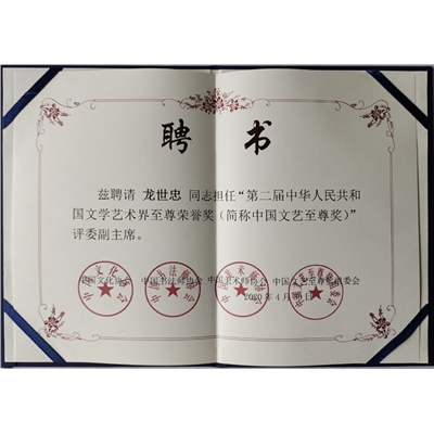 中国文艺至尊奖评委副主席证书