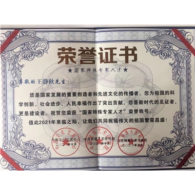 王静秋荣誉证书
