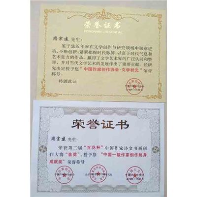周宗建荣誉证书